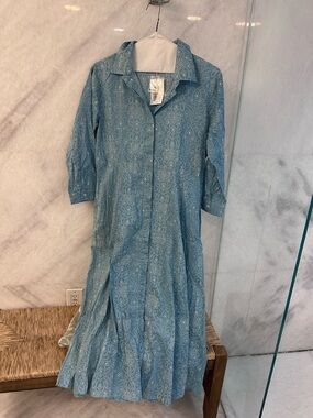 Light Blue Printed Button-Front Maxi Dress with Three-Quarter Sleeves